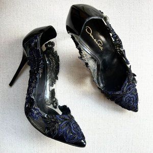 Oscar de la Renta Navy and Black Beaded Pumps - SIZE 40EU